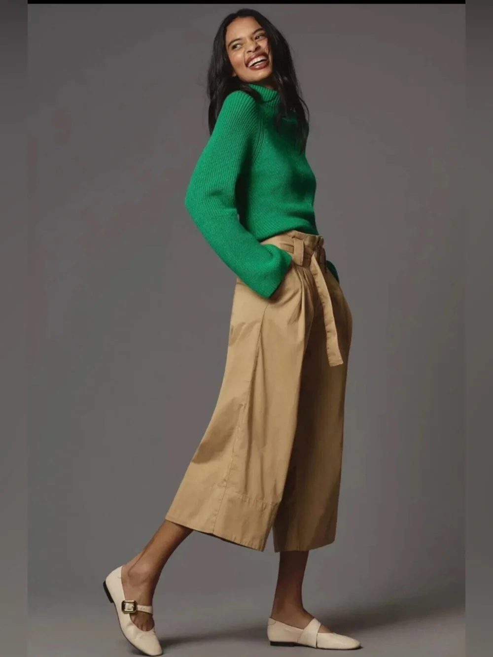 NWT Anthropologie Maeve High-Rise Belted Culottes Wide Leg Pants Khaki - Picture 4 of 8